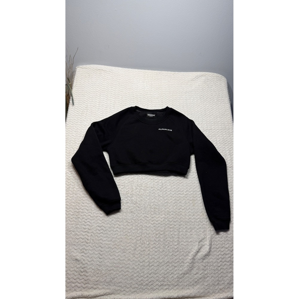 Alphalete Women Black Cropped Sweatshirt Logo Raglan Fleece XS 4707